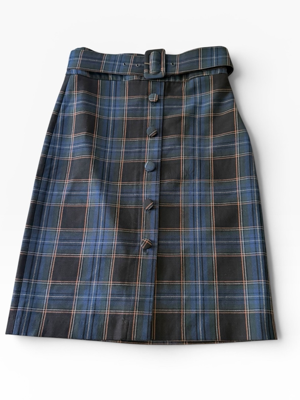 Maeve Blue and Black Plaid Pencil Skirt with Belted Waist 6 Stretch Midi soft